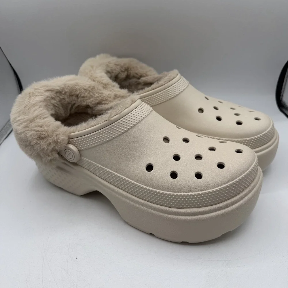 Crocs Stomp Lined‎ Clogs Mens Sz 12 Stucco Fur Lined Platform Slip On Warm Fuzzy